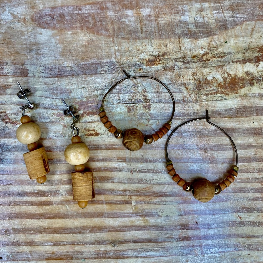 Vintage Natural Wood & Cork Beaded Earrings Set